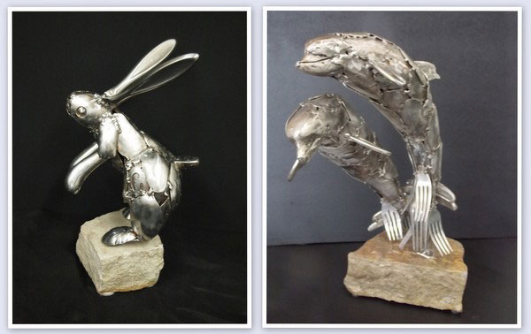 Scultura di Gary Hovey: coniglio e delfini